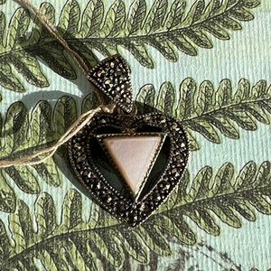 Elegant Silver and White Mother Of Pearl Pendant Marcasite Necklace